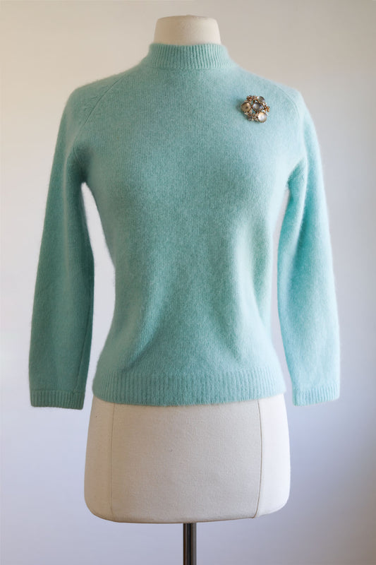 Vintage 1960s Angora Sweater - Robin Egg Blue 35% Angora Super Soft Pin-Up Zip-Neck Pullover Size S to M