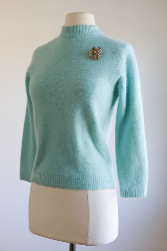 Vintage 1960s Angora Sweater - Robin Egg Blue 35% Angora Super Soft Pin-Up Zip-Neck Pullover Size S to M