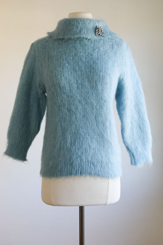 Vintage 1960s Super Shaggy Sweater - Ultra Hairy Fuzzy Furry Ice Blue Faux Mohairt Cowl Neck Pullover Jumper Size S to L