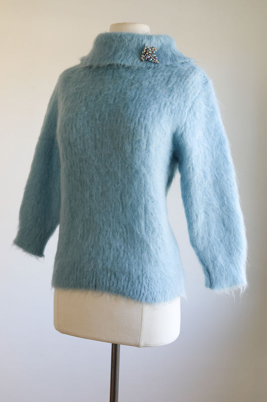 Vintage 1960s Super Shaggy Sweater - Ultra Hairy Fuzzy Furry Ice Blue Faux Mohairt Cowl Neck Pullover Jumper Size S to L