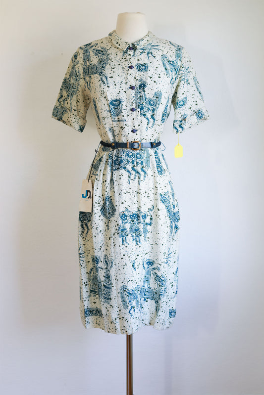 Vintage 1960s DEADSTOCK Designer Dress - WACKY Teal + Cream Novelty Print Midsommar Folk Kids + Horses Linen + Cool Belt Size XS to S