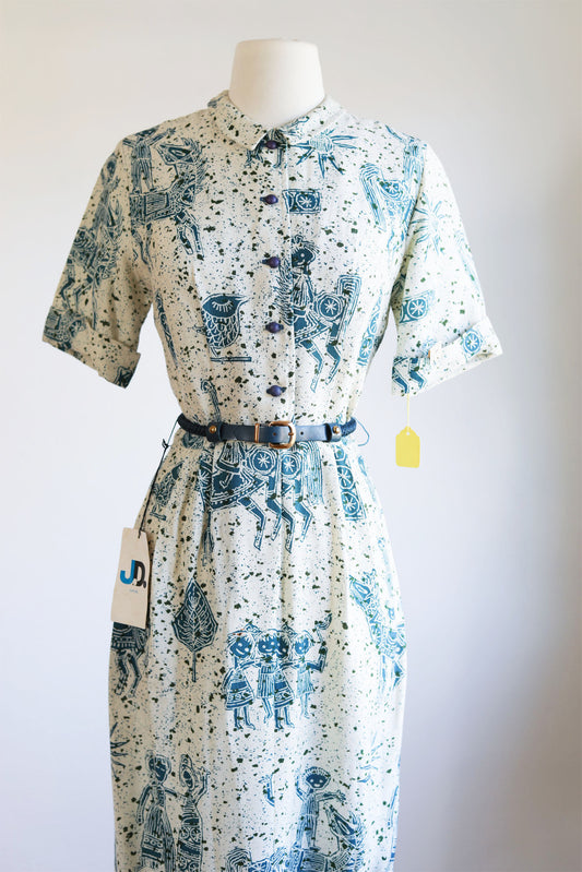 Vintage 1960s DEADSTOCK Designer Dress - WACKY Teal + Cream Novelty Print Midsommar Folk Kids + Horses Linen + Cool Belt Size XS to S