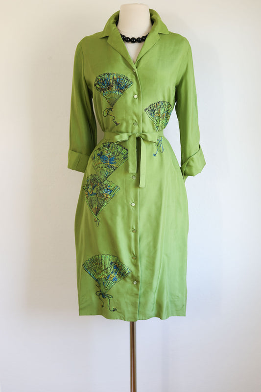 Vintage 1960s Serbin Designer Dress - GLOWING Silk Green + Turquoise Coat Dress w Belt + Novelty Romantic Masquerade Print Size M - L