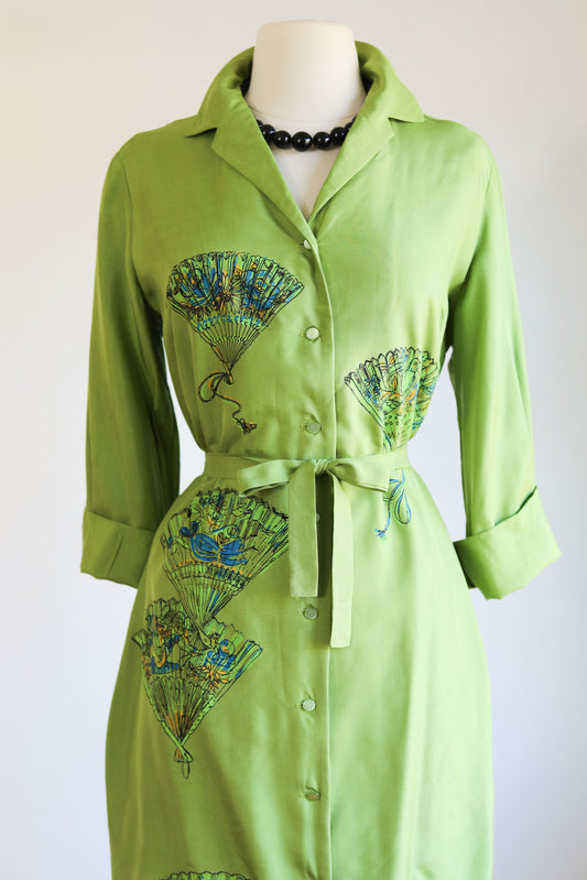 Vintage 1960s Serbin Designer Dress - GLOWING Silk Green + Turquoise Coat Dress w Belt + Novelty Romantic Masquerade Print Size M - L