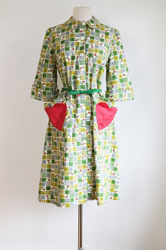Vintage 1950s Lounging Dress - Cutest Ever! Vintage Olive Green Pink MCM Rose Print w Novelty Heart Pockets Cotton Size S to L