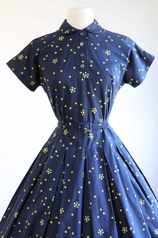 Vintage 1950s Jonathan Logan Dress - DARLING Peter Pan Collar Blue Cotton w Starry Sky Print Size M