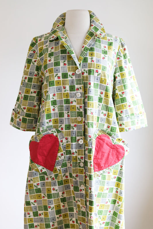 Vintage 1950s Lounging Dress - Cutest Ever! Vintage Olive Green Pink MCM Rose Print w Novelty Heart Pockets Cotton Size S to L