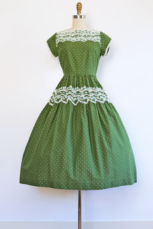 Vintage 1950s Polka Dot + Floral Dress - VIBRANT Green + Aqua Cotton Border Print w Lace Trim Sundress Size XS to S