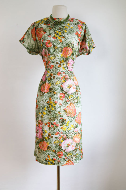 Vintage Early 1960s Dress - Volup! Striking Silken Hot Pink Citrus Olive Green Sculpted Wiggle Cocktail Size L to XL