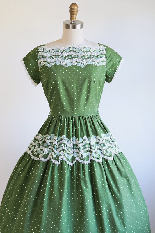 Vintage 1950s Polka Dot + Floral Dress - VIBRANT Green + Aqua Cotton Border Print w Lace Trim Sundress Size XS to S