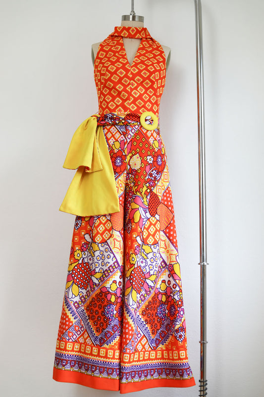 Vintage 1960s Palazzo Jumpsuit - Mod Citrus Dopamine Dressing "Miss Jane" Bell Bottom Wide Leg Jumpsuit Size XS to S