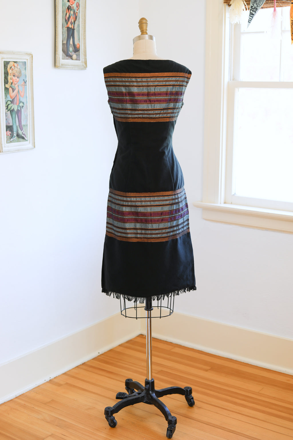 Vintage 1950s Wiggle Dress - Bombshell Fitted Black Cotton w Metallic Stripes + Fringe Size S