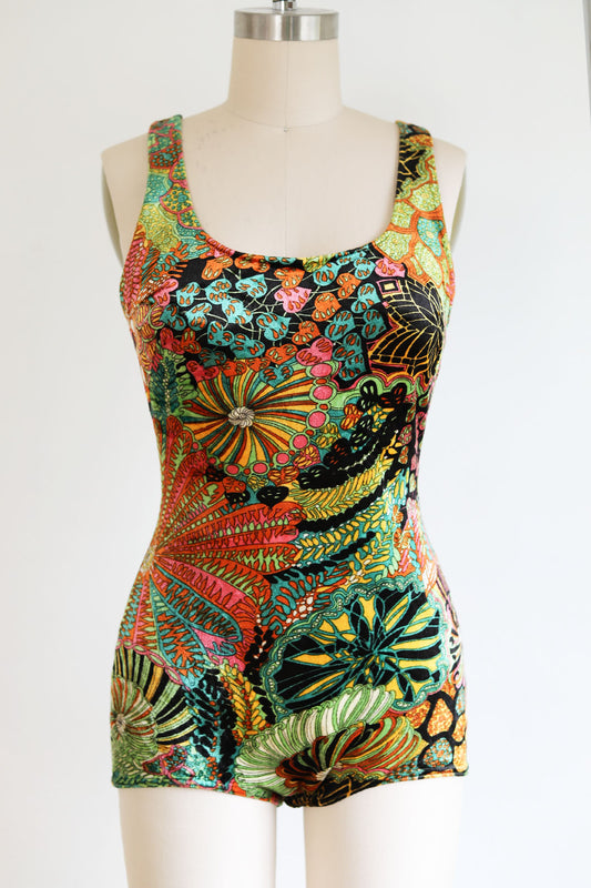 Vintage 1960s to 1970s Swimsuit - RARE Pucci x Gottex Collab? Velvet Bathing Suit w Psychedelic Print Size M