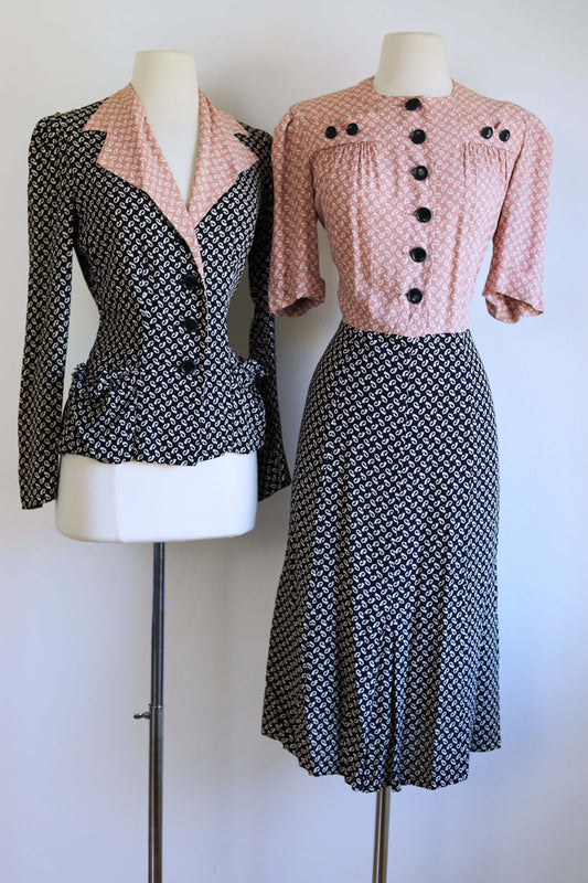 Vintage 1940s Designer Dress Set - Spectacular ca. 1940 Milgrim "Salymil" Pink Midnight Blue Rayon Crepe Dress + Jacket Size L