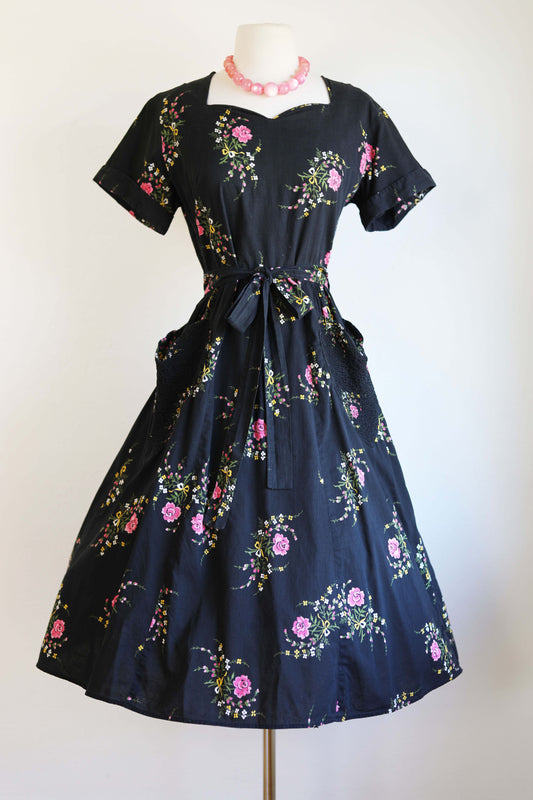 Vintage 1950s Swirl Wrap Dress - Super Cute Black Pink Yellow Olive Novelty Rose Ribbon Print Cotton Size M