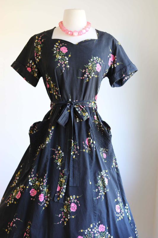 Vintage 1950s Swirl Wrap Dress - Super Cute Black Pink Yellow Olive Novelty Rose Ribbon Print Cotton Size M