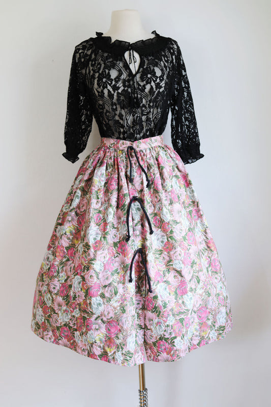 Vintage 1950s Skirt - GORGEOUS Pink, Black, Charteuse Floral Print Full Skirt Tea Length Size XS to S