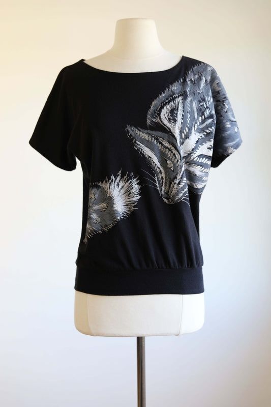 Vintage 1980s Novelty Silver Fox Sweatshirt - Black Cozy Jersey Top w Hand-Painted Fur "Stole" Size XS to L