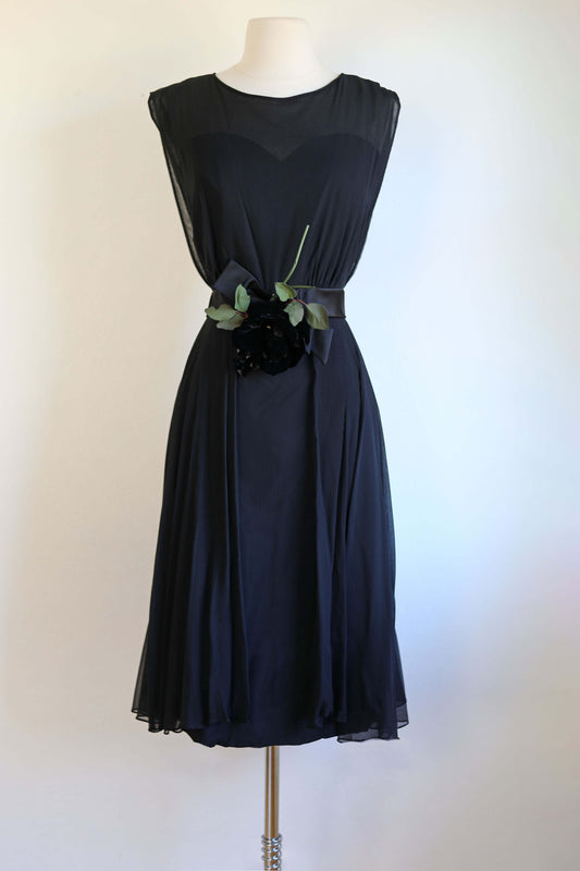 Vintage 1950s to 1960s Party Dress - Stunning Black Illusion Chiffon R&K Original Cocktail w Silk Velvet Rose! Size M