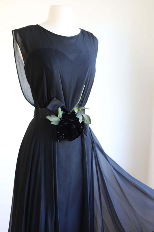 Vintage 1950s to 1960s Party Dress - Stunning Black Illusion Chiffon R&K Original Cocktail w Silk Velvet Rose! Size M