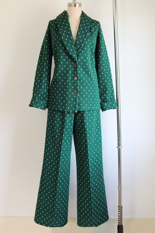 Vintage 1970s Deadstock Knitwear Pant Suit - Volup! Money Green Pyramid Motif Knit Jacket + Flare Pantsuit Size L - XL
