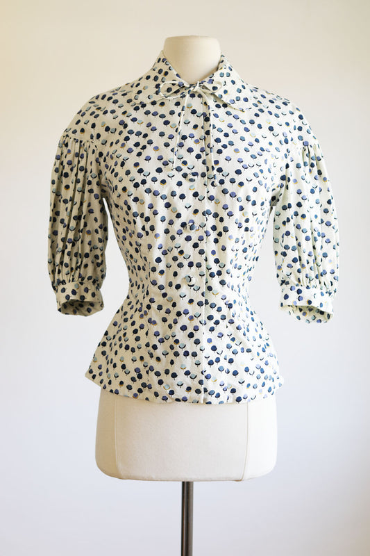 Vintage 1950s Blouse - Gorgeous Cotton Blue Metallic Hand-Screened Gold Flower Bud Peter Pan Collar Size M