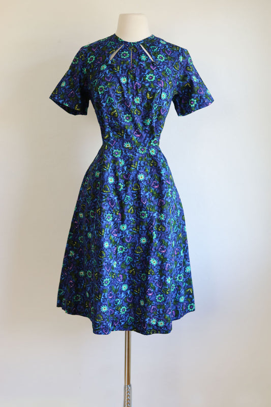 Vintage 1950s to 1960s Dress - Vibrant Electric Peacock Colors Cotton Floral w Heart Print + Cutouts Size L