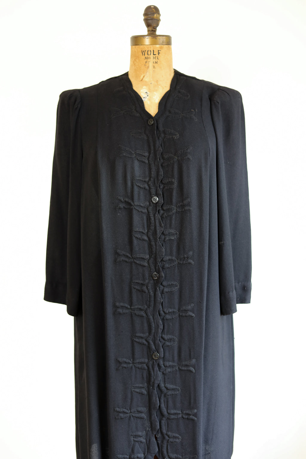 Vintage 1930s Duster Jacket - VOLUP Black Crepe Rayon w Trapunto Details + Sailor Buttons Cocktail Dress or Coat Size L to XL