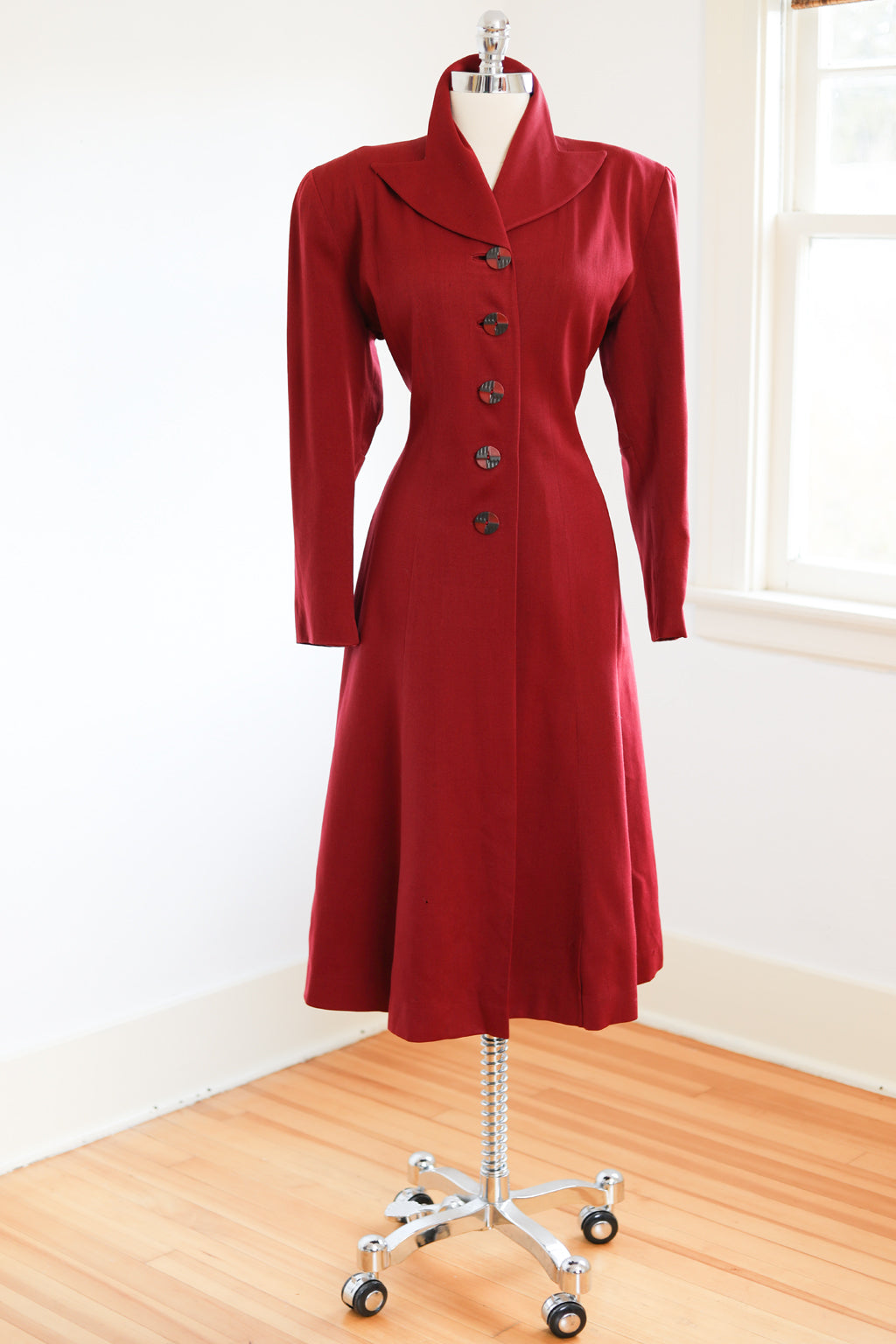 Vintage 1940s Noir Babe's Princess Coat - Rare WINE RED Documented 1948 Wool Gabardine Deco Half Belt Overcoat w Bakelite Buttons Size M to L