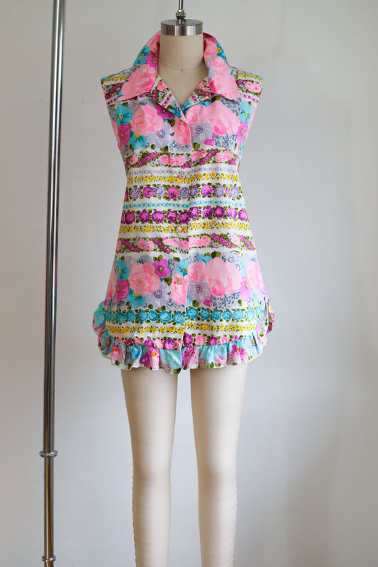 Vintage 1960s Romper Set - SO CUTE! Hawaiian Cotton Day-Glo Floral Tunic Top + Shorts Size S to M Range