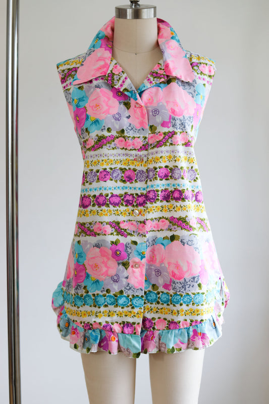 Vintage 1960s Romper Set - SO CUTE! Hawaiian Cotton Day-Glo Floral Tunic Top + Shorts Size S to M Range