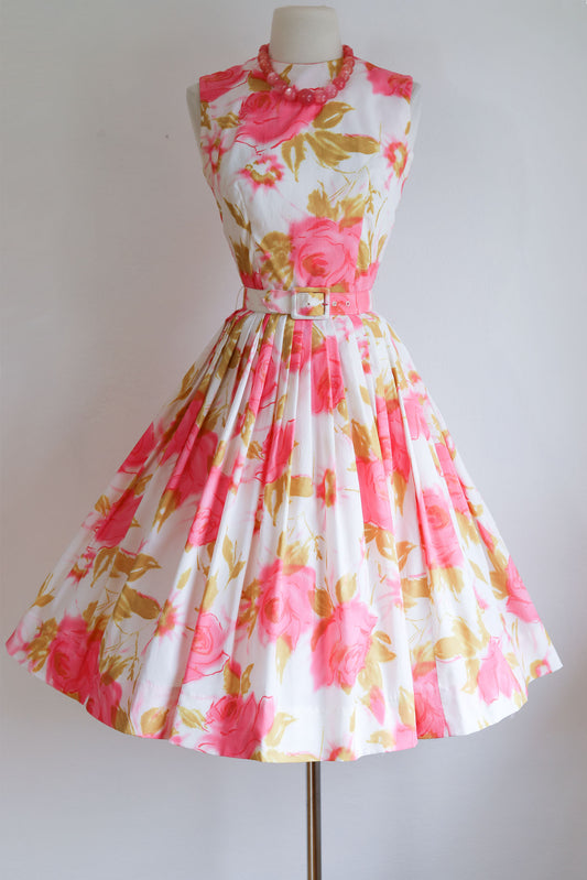 Vintage 1960s Rose Print Sundress - LUSH + BRIGHT Hot Pink Olive Full Skirt Party Dress + Wide Belt Size XS to S