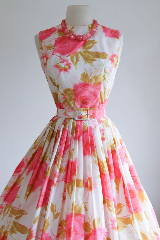 Vintage 1960s Rose Print Sundress - LUSH + BRIGHT Hot Pink Olive Full Skirt Party Dress + Wide Belt Size XS to S