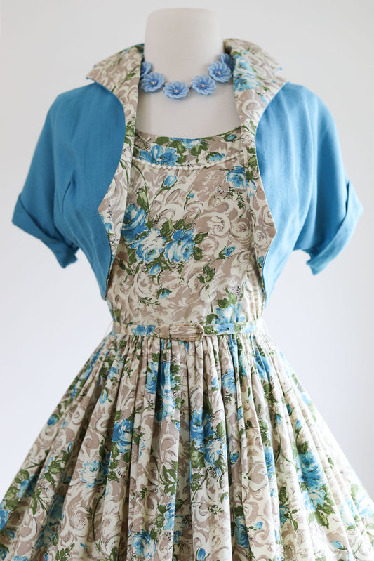 Vintage 1950s Rose Print Sundress - PAINTERLY Aqua Olive Black Sculpted Belted Dress + Fanged Bolero Size S - M