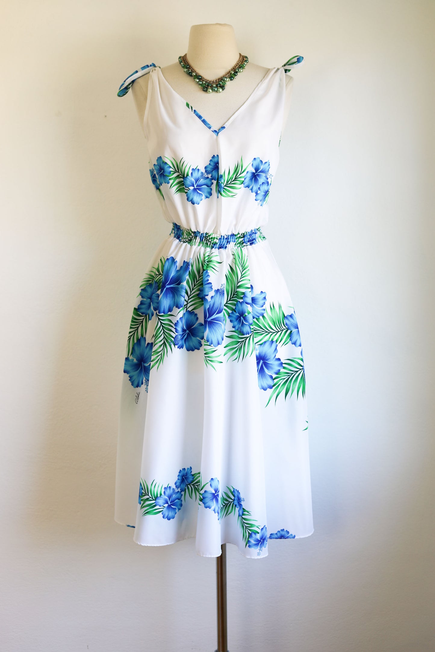 Vintage 1980s Dress - Royal Hawaiian Creations Crisp White Cobalt Green Sundress Size M - L