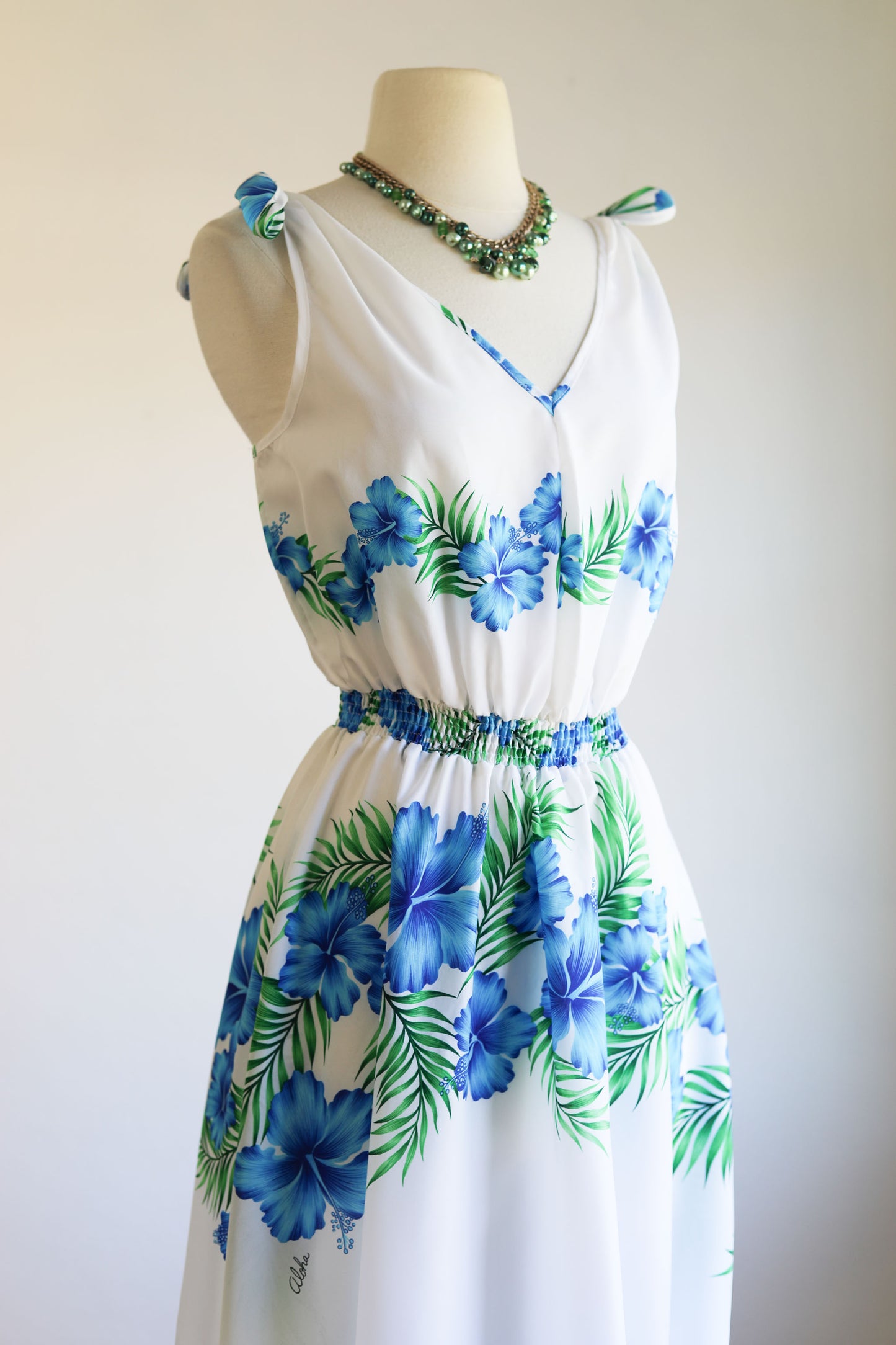 Vintage 1980s Dress - Royal Hawaiian Creations Crisp White Cobalt Green Sundress Size M - L