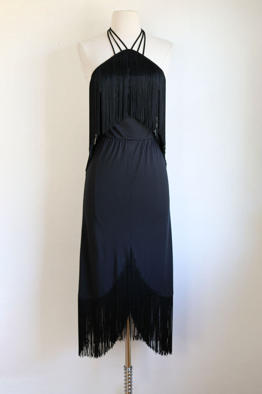 Vintage 1970s Dress - "Funky" Designer Label Black Jersey Disco Halter Dress w Fringe Size XS
