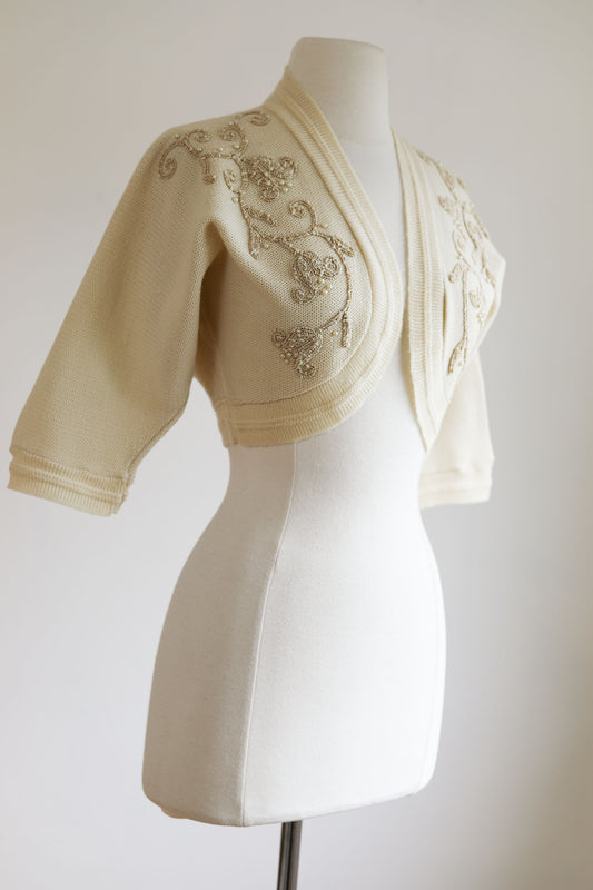 Vintage 1950s Knit Bolero Sweater - Cream w Sparkling Gold Metallic Lurex Vines Knitwear Cardigan Size S to L