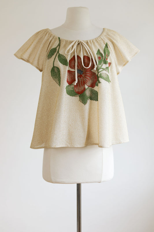 Vintage 1970s Lurex Blouse - Golden Metallic Cream Designer Top w Hibiscus Size S to L