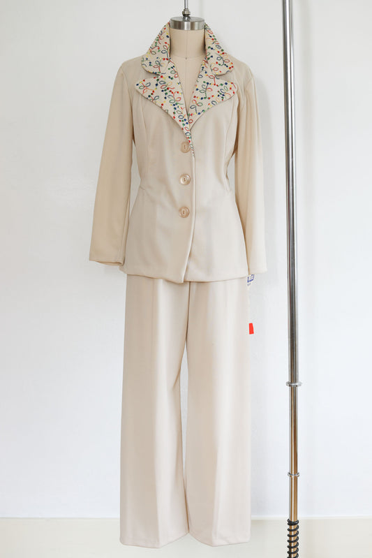 Vintage 1970s Deadstock Knitwear Pant Suit - RAINBOW Embroidered Ivory Princess Seam Knit Jacket + Flare Pantsuit Size M L XL