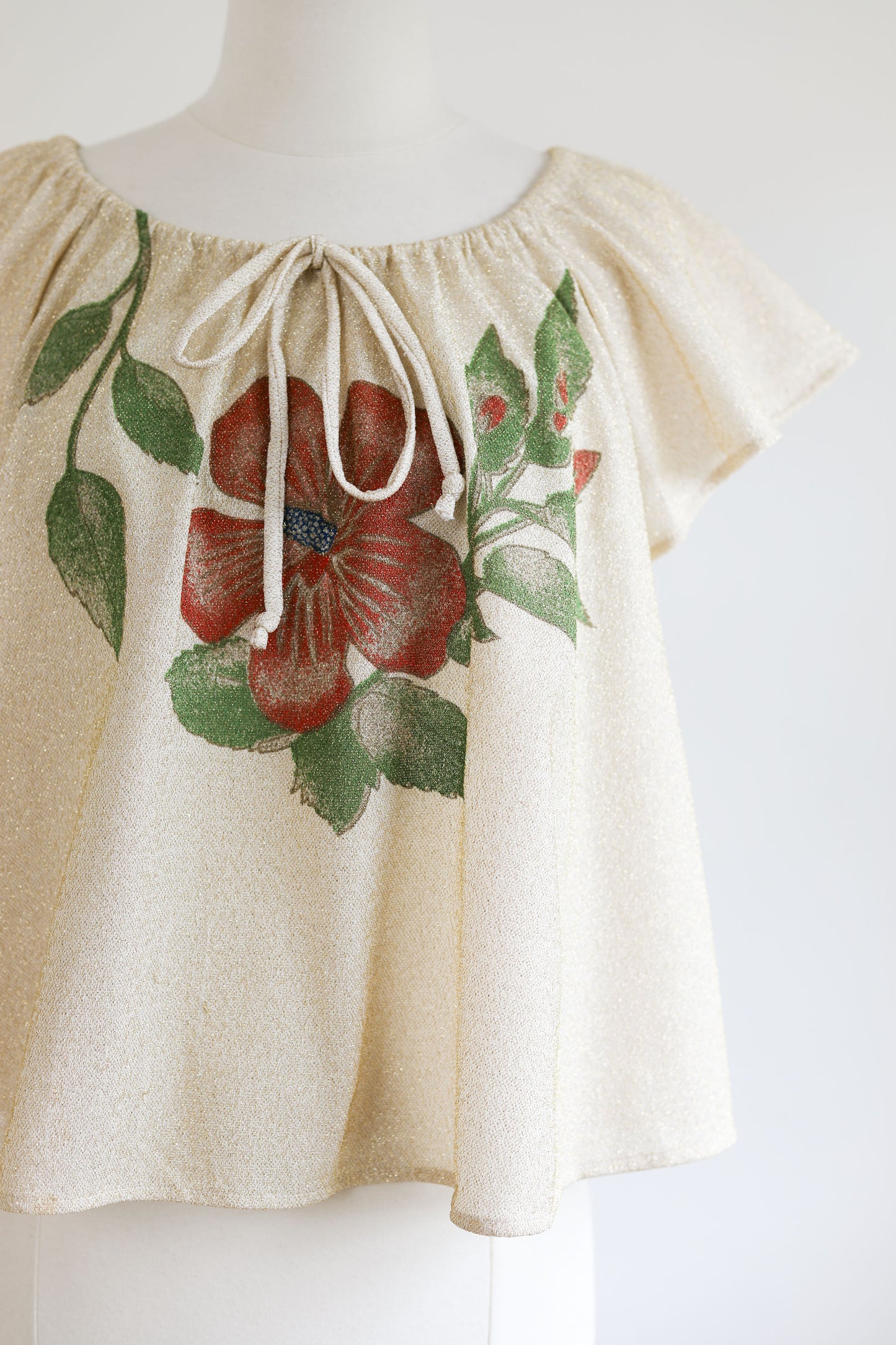 Vintage 1970s Lurex Blouse - Golden Metallic Cream Designer Top w Hibiscus Size S to L