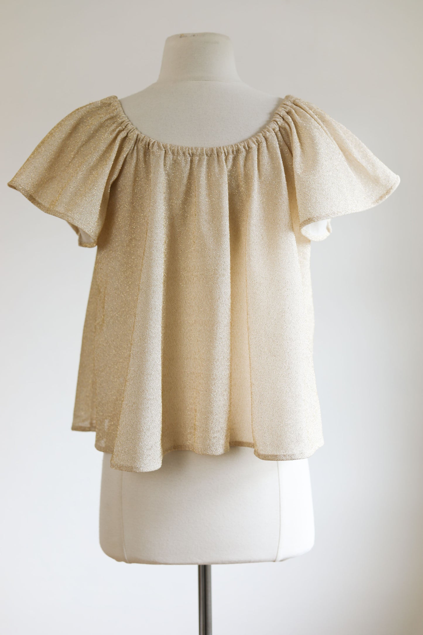 Vintage 1970s Lurex Blouse - Golden Metallic Cream Designer Top w Hibiscus Size S to L