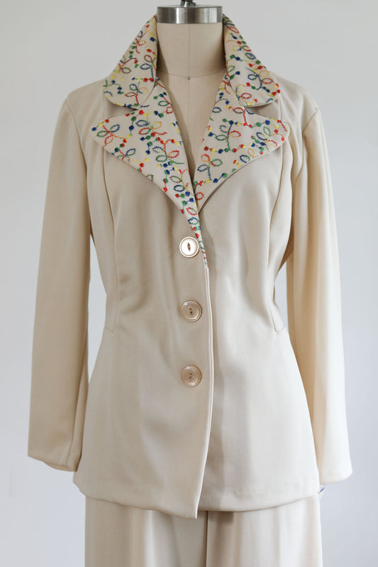 Vintage 1970s Deadstock Knitwear Pant Suit - RAINBOW Embroidered Ivory Princess Seam Knit Jacket + Flare Pantsuit Size M L XL