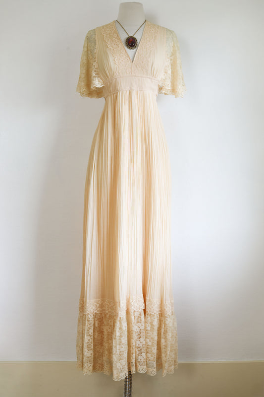 Vintage 1970s Dress - Ethereal Candi Jones California Ivory Lace + Gauze Cotton Blend Maxi Gown Size S