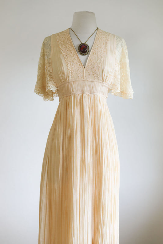 Vintage 1970s Dress - Ethereal Candi Jones California Ivory Lace + Gauze Cotton Blend Maxi Gown Size S