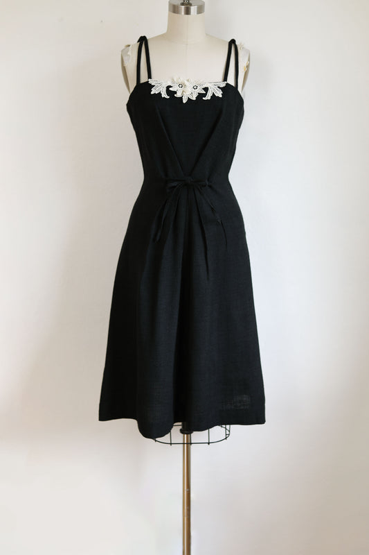 Vintage 1950s Dress - Stunning Black White Linen Lace Doris Dodson Designer Princess Sundress Size S
