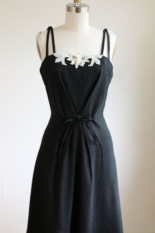 Vintage 1950s Dress - Stunning Black White Linen Lace Doris Dodson Designer Princess Sundress Size S