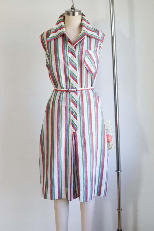 Vintage 1960s Culottes Romper Dress - DEADSTOCK Documented 1968 Rainbow Stripe Serbin Jumpsuit w Belt Size M to L Range