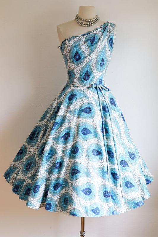 Vintage 1950s Sundress - Incredible Fred Perlberg Pique Cotton One-Shoulder Metal-Studded Circle Dress Size S