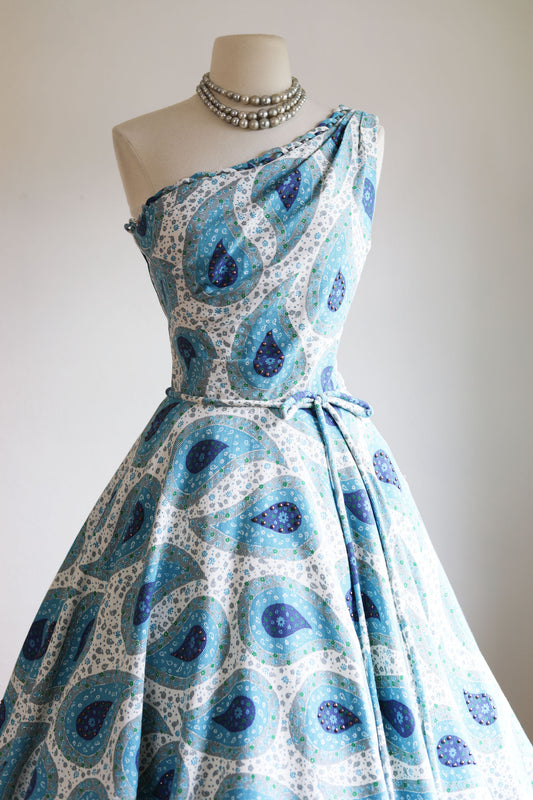 Vintage 1950s Sundress - Incredible Fred Perlberg Pique Cotton One-Shoulder Metal-Studded Circle Dress Size S